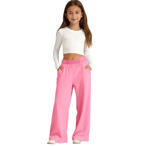 Girls Oversized Wide Leg Joggers Sweatpants Fleece Athletic Joggers Drawstring Waist and Pockets Kids Baggy High Waist Straight Leg Track Pants School Trousers Solid Color (Pink, 9-10 Years)
