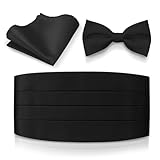 Mens Satin Cummerbund Bowtie Hanky set, 4 Pleat, Large Variety of Solid Colors Available, by Platinum Hanger (Black)
