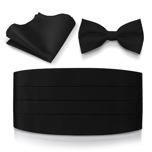 Platinum Hanger Mens Satin Cummerbund Bowtie Hanky set, 4 Pleat, Large Variety of Solid Colors Available
