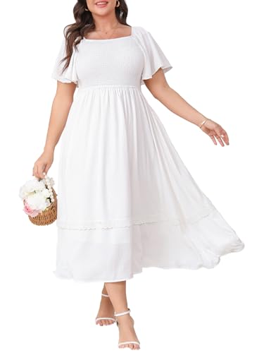 Plus Size Maxi Dresses for Curvy Women Short Sleeve Square Neck Smocked Flowy Formal Wedding Guest Dress Lace Trim