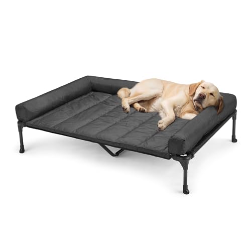 Veehoo Outdoor Hundeliege erhöht, Hundebett Erhöht mit abnehmbarem Bloster Kühlendes Erhöhtes Hundebett mit Atmungsaktivem Teslin-Netz für Haus und Garten, Schwarz 125 x 83 x 22.5cm