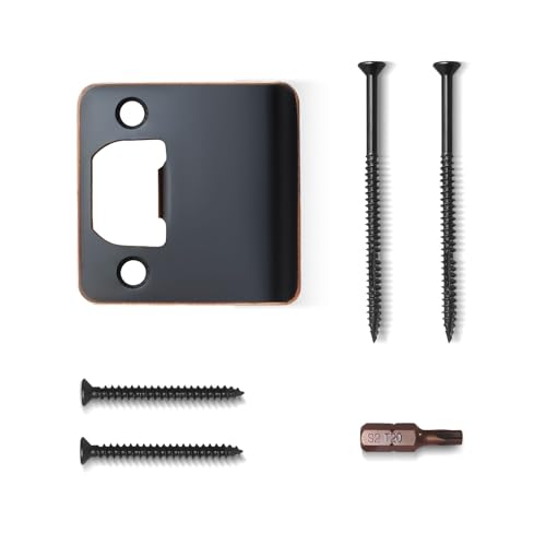 MOSECYOU Extended Lip Strike Plate 2-1/4 x 2-1/4 Heavy Duty Version with Reinforced Torx/Star Screws & Bit Door Latch Extender Striker Exterior/Interior Restorer Kit (Oil Rubbed Bronze 1 Pack)