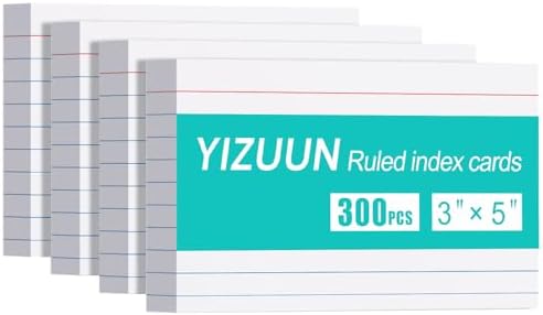 YIZUUN Index Cards 3x5, 300 Pack, Heavy Ruled Index Cards, Notecards 3x5 Lined, Flash Cards for Studying, Note Cards for Office, Home and School, White, 4 Packs of 75 Pack