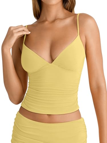Image of PINKMSTYLE Women's Sexy V Neck Ruched Cami Top Sleeveless Spaghetti Double Layer Fitted Crop Tank Tops