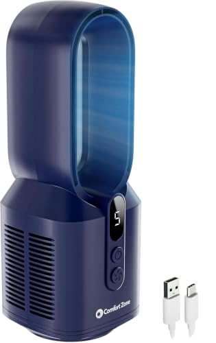 Comfort Zone 14-Inch Rechargeable Bladeless Tabletop Fan, Navy