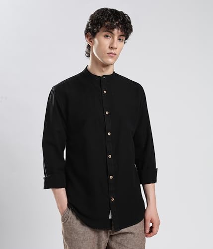 Image of TURMS Men's Casual Solid Linen Shirt | Water Repellent | Anti Stain Anti Odor | Kansas Linen | Mandarin Collar | Full Sleeves