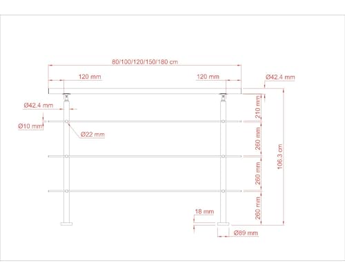 Garde-corps avec main courante 100cm en inox 304 avec 3 traverses pour intérieur et extérieur