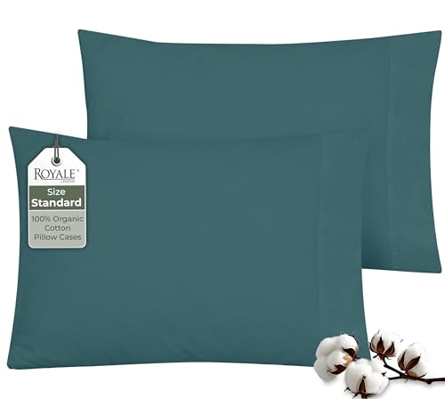 Image of ROYALE LINENS 100% Organic Cotton Percale Pillowcases Set of 2 - Standard Size Percale Pillowcase - Standard Set of 2 Pillow Cover - Breathable, Cool & Crisp Pillow Cases (20 inchx26 inch, Teal)