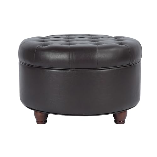 Homepop Home Decor | Button Tufted Faux Leather Round Storage Ottoman | Ottoman with Storage for...