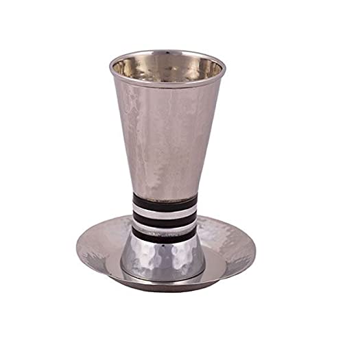Yair Emanuel Hammered Aluminium Kiddush Cup and Coaster, 12cm, Black Rings