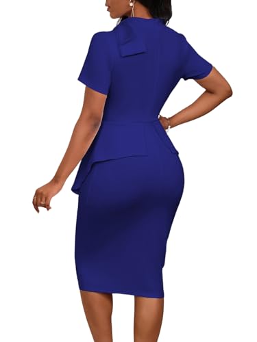 Image of WanMem Women Formal Bodycon Peplum Cocktail Dress Short Sleeve Bow Ruffle Pencil Party Midi Dresses