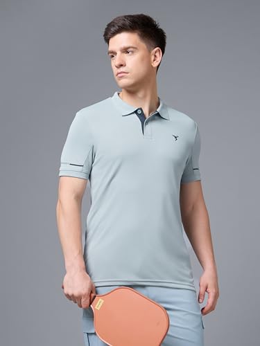 Image of TECHNOSPORT Men's Solid Slim Fit Polo Collar T-Shirt TECHNOCOOL+ Half Sleeve Button Polyester for Gym Running Workout UPF50+ Anti Odour