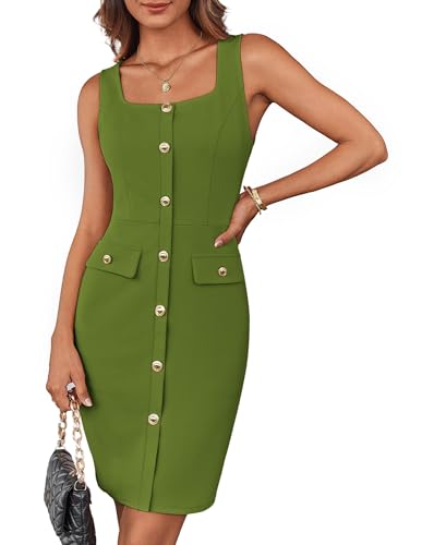 Image of GRACE KARIN 2025 Women's Buttons Belted Square Neck Business Work Dress Sleeveless Bodycon Midi Dress