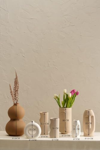 Image of PUREZENTO Desert Farmhouse Vase Beige and White Set of 7 Matte Finish Ceramic Designer Flower Vase for Home Decor Table Bedroom Side Corner