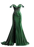 Off Shoulder Beaded Prom Dresses Long 2025 Satin Formal Dresses Pleated Evening Party Gown with Slit Tail-Size Emerald Green 8
