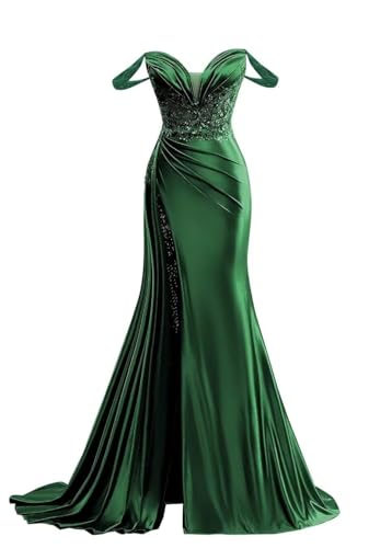 Off Shoulder Beaded Prom Dresses Long 2025 Satin Formal Dresses Pleated Evening Party Gown with Slit Tail-Size Emerald Green 8