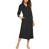 Pyjama Damen Nachthemd Schlafanzug Mode Damen 4/3 Ärmel V-Ausschnitt Leichtgewicht Mit Gürtel Lange Robe Bademantel Nachtwäsche XL Schwarz