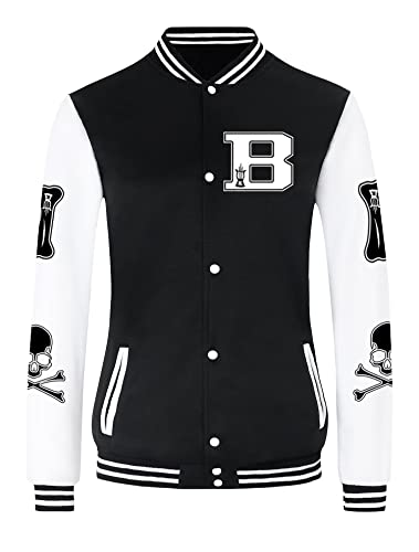 Womens Varsity Jacket Baseball Bomber Jacket Letter Print Casual Long Sleeve Vintage Coat Outwear Black #TOP5