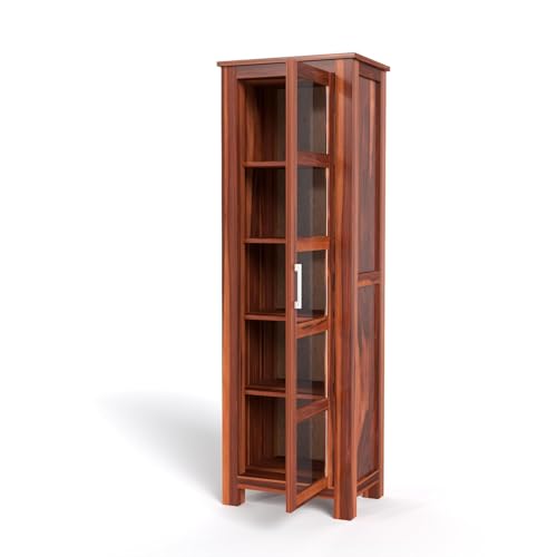 Image of SUNCOM Solid Sheesham Wood Book Shelf - Showcase Glass Door Crockery Storage Unit Or Bookcase, 5-Shelf Wooden Book Rack, Display Cabinet Furniture for Home, Kitchen & Library Areas (Natural Finish)