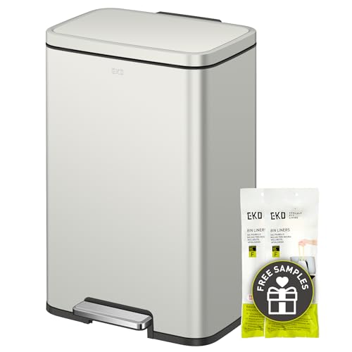 EKO Madison Matte Grey Stainless Steel 13.2 Gal/50L Kitchen Step Trash Can or Recycling Bin, Removable Inner Liner, Soft Close Lid, Fingerprint Resistant Finish