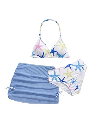 Image of RoseSeek Girl's 3 Piece Cute Bowknot Bathing Suit Halter Triangle High Waisted Swimsuit with Beach Cover Up Skirt