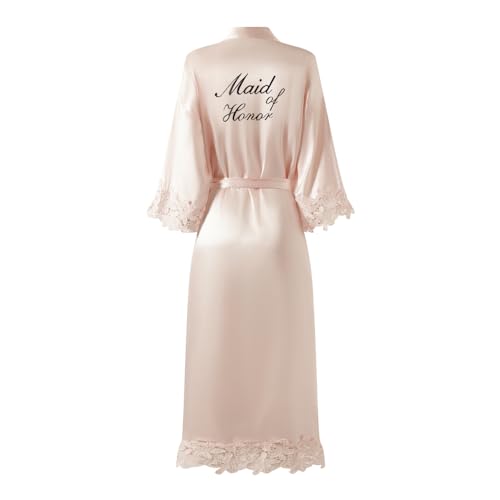 Image of Women's Long Bride Bridesmaid Robes with Lace Trim Embroidery Bridal Silky Satin Kimono Wedding Party Bathrobe