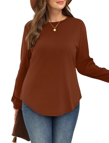 Image of WIHOLL Sweatshirt for Women Crewneck Long Sleeve Shirts Curved Hem Lightweight Sweaters Fall Clothes 2025