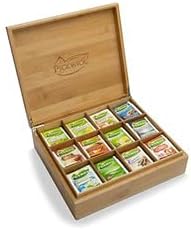 ELA Shop Tea Box - Acacia Tea Organizer with Golden Accessories, 2 Gold Colored Teaspoons and Honey Stick Included - Housewarming Gift Idea