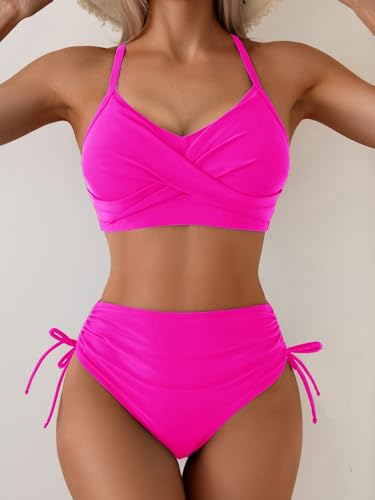 Fanuerg Women's High Waisted Bikini Sets Drawstring Tummy Control Two Piece Swimsuits Crisscross Tie Back Bathing Suit2