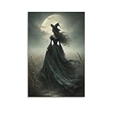 Wandkunst, Motiv: Hexe im Feld, fließendes schwarzes Kleid, Halloween-Fantasie-Silhouette, Wandkunst, Gemälde, Leinwanddrucke, Poster, Kunstwerk für Wohnzimmer, Schlafzimmer, Badezimmer, Büro