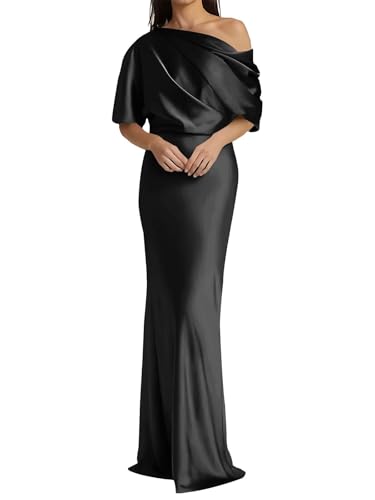 Zymhae Maxi One Shoulder Mother of The Bride Dresses for Wedding Black Satin Mermaid Long Mother of Groom Dress Formal Prom Gown with Sleeves 2025 US12