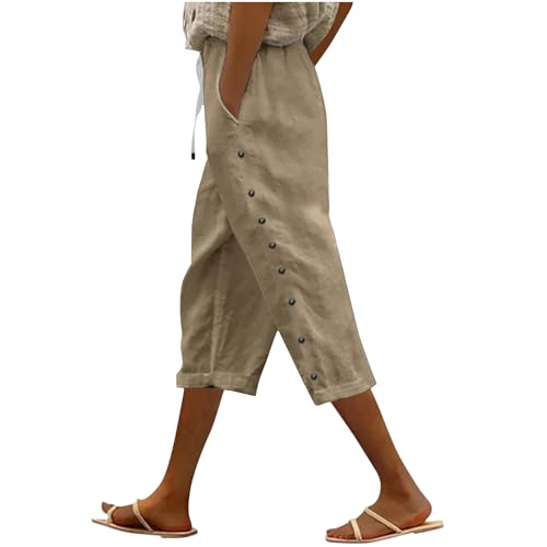 Capri Pants for Women Summer Linen Trouser Casual Drawstring Elastic Waist Straight Lightweight Lounge Capris