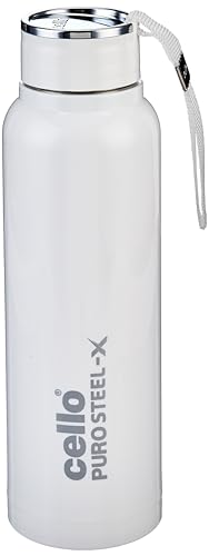 Image of CELLO Puro Steel-X Benz 1200 Insulated Water Bottle For Office 970ml, White | Easy to Carrying Loop, Wide Mouth Leak Proof & Rust Resistant Inner Steel Insulated Water Bottles For School Kids & Travel
