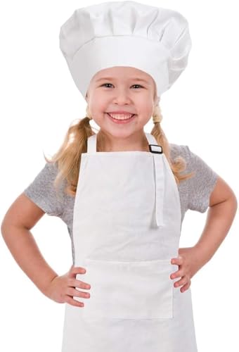 THMINS Kids Apron and Chef Hat Set, Adjustable Cotton Child Aprons, with Large Pocket Girls Boys, Kitchen Bib Aprons for Cooking Baking Painting……