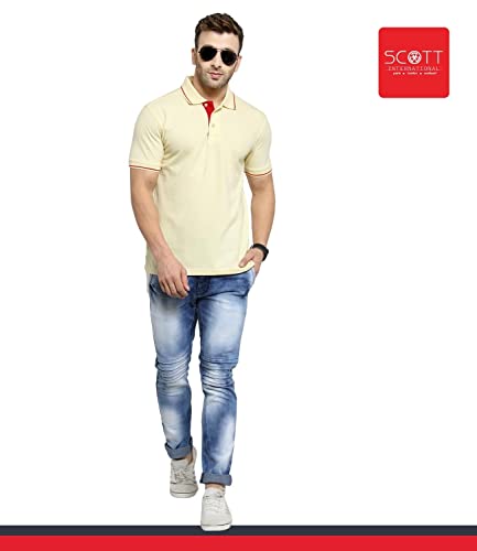 Image of Scott International Men's Organic Cotton Regular Fit Polo T-Shirt (Cream with Red, XL)