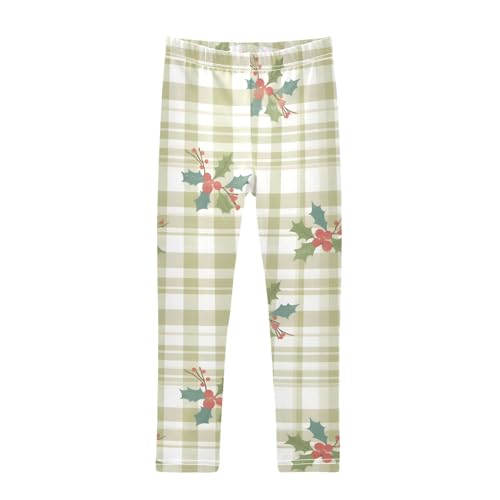 Berry Fruit Green Plaid Girls Leggings Ultra Soft Compression Yoga Gym Pants for Kids 4-10T