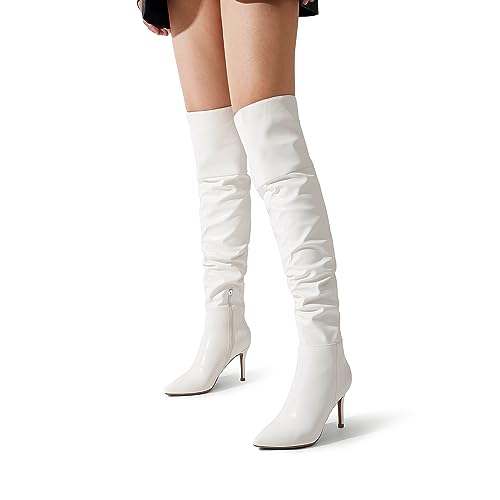 DREAM PAIRS Women's High Heels Over The Knee Boots Thigh High Pointed Toe Stiletto Long Fall Sexy Boots,Size 6.5,White-Pu,SDOB2301W