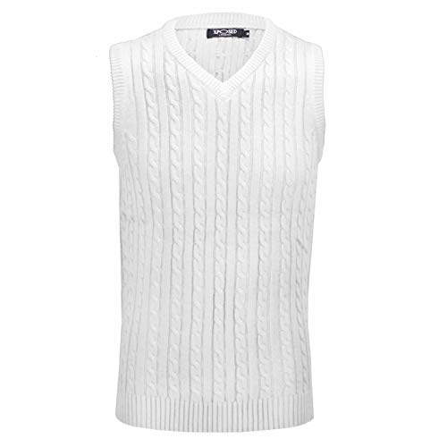 Image of Xposed Mens Classic Cable Knitted Sleeveless V Neck Jumper Smart Casual Sweater Jersey Vest Top[V988,M,White]