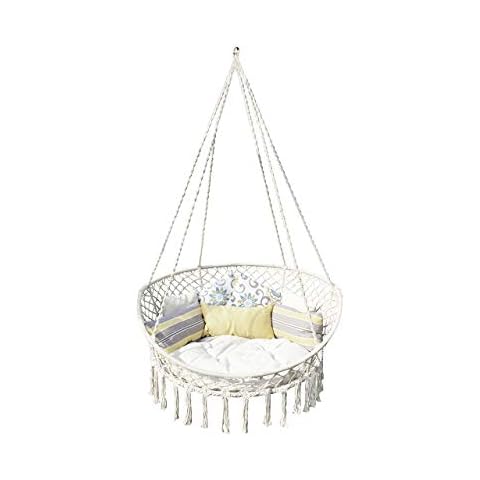 Bliss Hammocks BHC-413 Bohemian Style Macramé Swing Handcrafted Chair with Pillows and Hanging Hardware, Indoor/Outdoor Patio or Yard, Collapsible 2-Person 500 Pound Capacity, Canvas White Cover