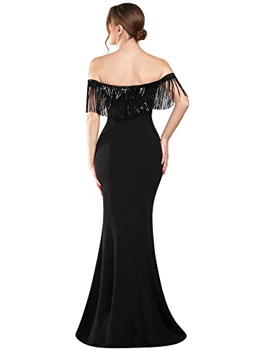Ever-Pretty Women's Mermaid Off Shoulder Sequin Tassel Ruffles Sleeves Fishtail Evening Gowns Black Us8 #TOP1