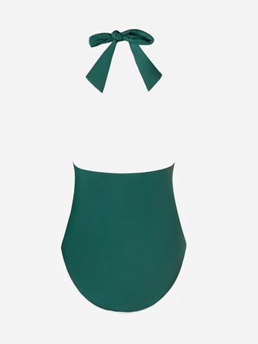 Image of CUPSHE Women Deep V Neck One Piece Halter Swimsuit | Backless,Ruched,Tummy Control,Soft Removable Cups,Flattering Bathing Suit For Vacation And Beach