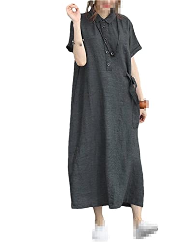 Ruereuu Women's Solid Color Cotton Linen Lapel Short Sleeve Dress Dark gray9 S