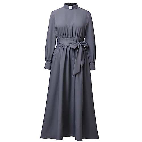 Image of CAMDOM Church Clergy Dress for Women Long Sleeve A Line Elegant Maxi Dress with Tab Insert Stand Collar and BeltA