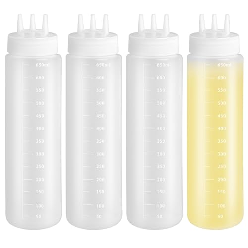 4 grandi bottiglie da spremere con ugelli a 3 fori, 650 ml, in plastica, per sciroppo, miele, ketchup, olio