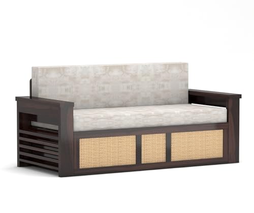Image of Solid Sheesham Wood Sofa Cum Bed with Cane Rattan Design | Convertible Sofa Bed for Living Room & Bedroom (Walnut Finish)