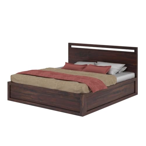 Image of Wooden Queen Size Hydraulic Bed for Bedroom | Solid Sheesham Wood Double Bed Cot Bed with Storage | Walnut Finish