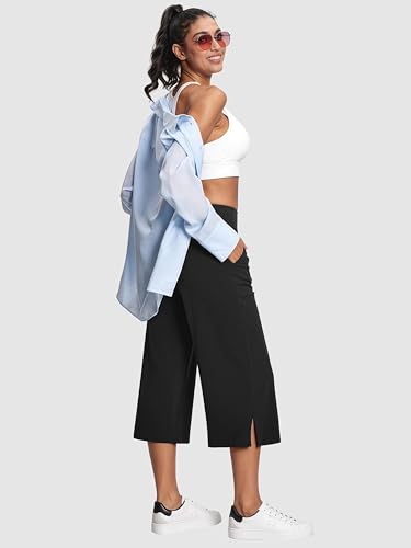 Image of ISEEGZ 15 inch /18 inch /21 inch Capri Pants for Women High Waist Wide Leg Yoga Capris with Pockets Stretchy Loose Fit Casual Workout