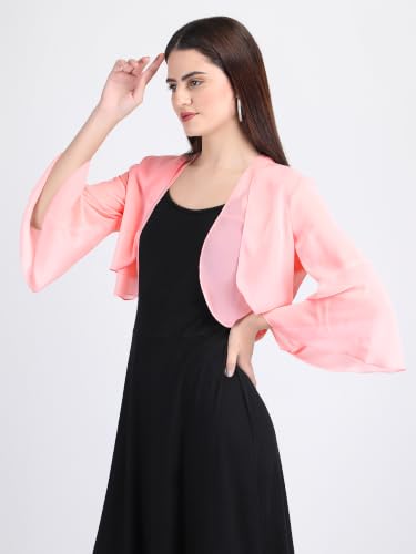 Image of AOL Women's Cropped Layered Lightweight Sheer Three-Fourth Bell Sleeves Georgette Open Neck Shrug Bolero