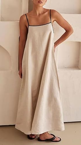 Image of Womens Summer Linen Maxi Dress Contrast Trim Spaghetti Straps Backless Sleeveless Long Flowy Dresses