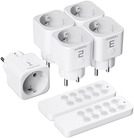 TESSAN Funksteckdosen Set, 5 Steckdosen mit 2 Handsender | Reichweite 30,5M Betriebsbereich für Weihnachtsdekoration, Haushaltsgeräte und Lampen, 2300 W, Weiß